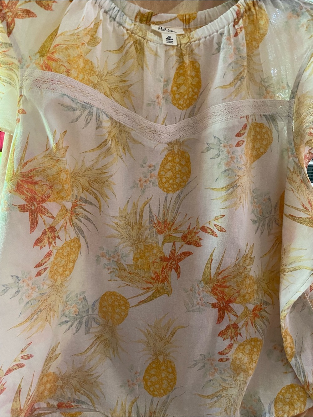 a.n.a White Pineapple Print Blouse with Lace Trim